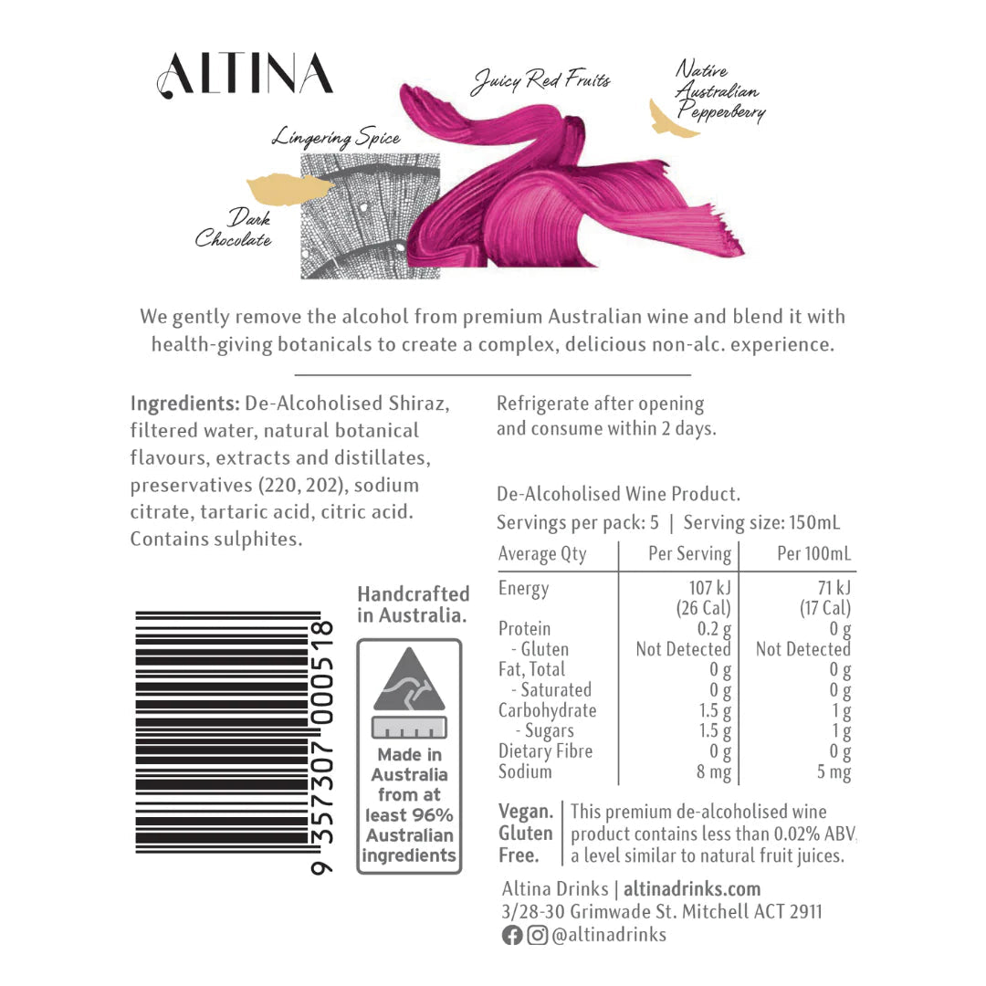 Altina Liberate Pepperberry Non - Alc Shiraz 750ml | Altina Drinks | Craftzero